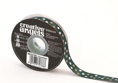 Saténová stuha, 15 mm x 22 m, tmavolzelená, bodkovaná