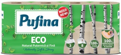 Toaletný papier, 3-vrstvový, malý kotúč, 8 kotúčov, PUFINA "Eco", nebielený a bez chemikálií