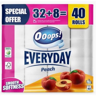 Toaletný papier, 3-vrstvový, malý kotúč, 32+8 kotúčov, OOOPS "Everyday", broskyňa