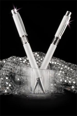 Guľôčkové pero, Crystals from SWAROVSKI®, biele, s bielymi krištáľmi v strede tela, 14cm